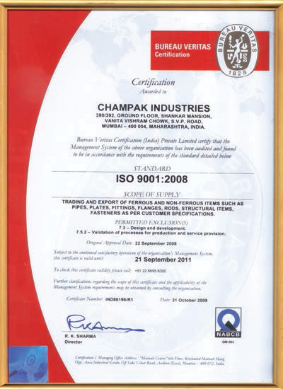 Bureau Veritas ISO 9001:2008 certificate awarded to Champak Industries