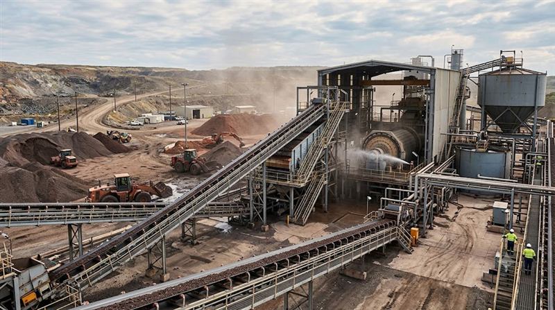 Ore processing plant with conveyors and grinding mill