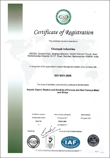 ISO 9001:2008 Certificate of Registration for Champak Industries from United Registrar of Systems